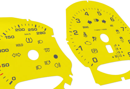 Porsche Boxster 9k rpm Yellow - Speedometer gauges from MPH to km/h Gauges