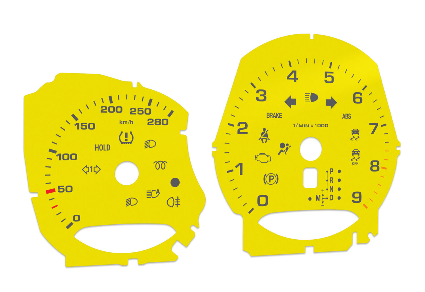 Porsche Boxster 9k rpm Yellow - Speedometer gauges from MPH to km/h Gauges