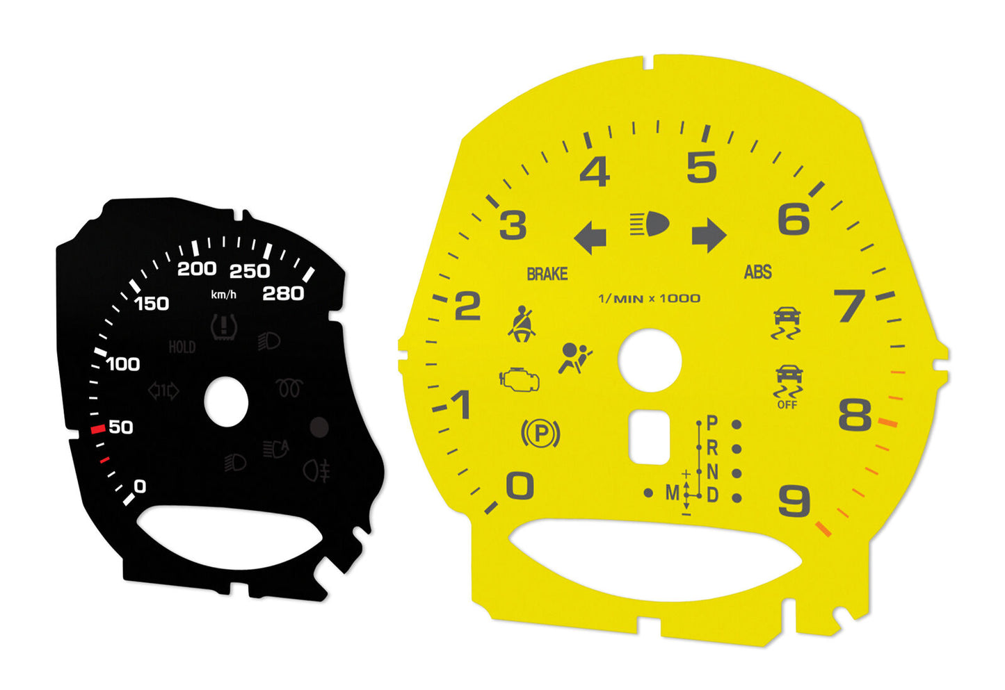 Porsche Boxster 9k rpm Black/Yellow - Speedometer gauges from MPH to km/h Gauges