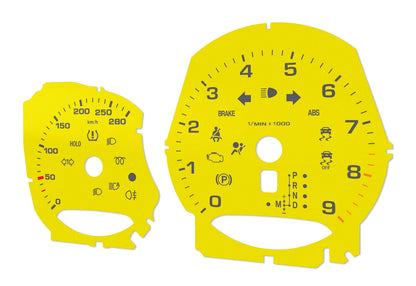 Porsche Boxster 9k rpm Yellow - Speedometer gauges from MPH to km/h Gauges