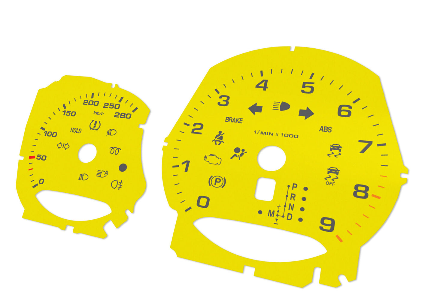 Porsche Boxster 9k rpm Yellow - Speedometer gauges from MPH to km/h Gauges